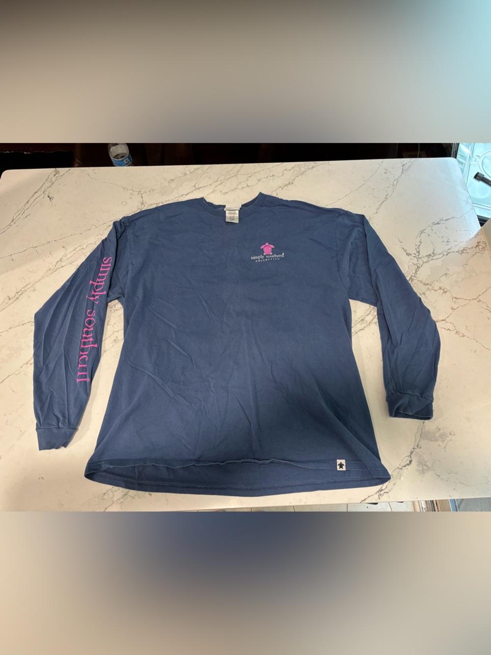 Simply Southern Navy Long Sleeve Shirt with Pink Logo and Sleeve Text